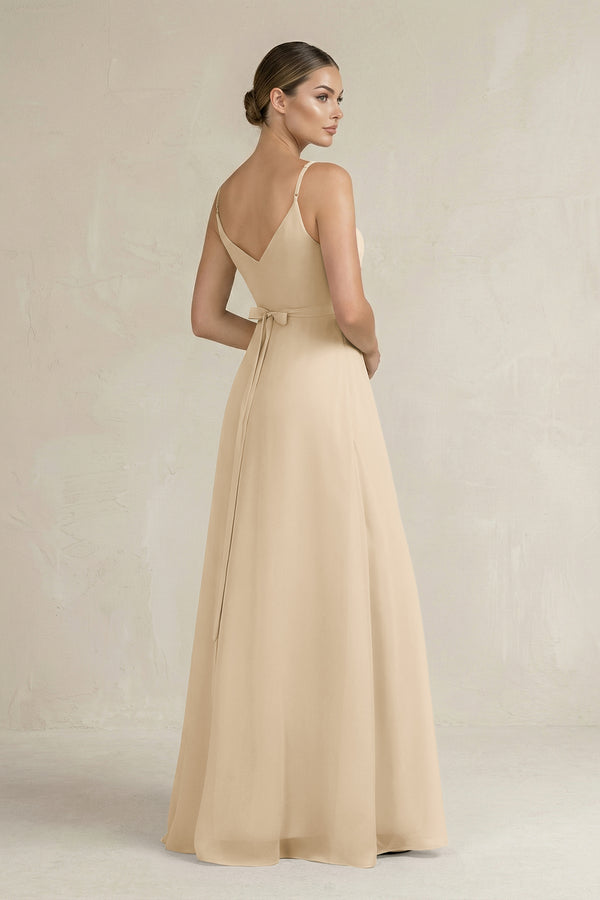 Champagne Ruched A-Line Chiffon Bridesmaid Dress with Slit (2) | KISSBRIDAL