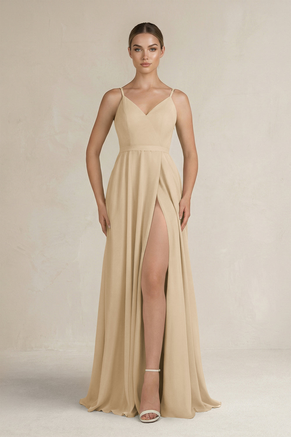 Ruched A-Line Chiffon Bridesmaid Dress with Slit in Champagne