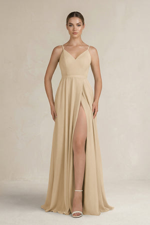 Champagne Ruched A-Line Chiffon Bridesmaid Dress with Slit | KISSBRIDAL