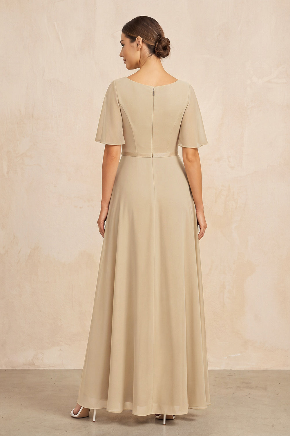 Champagne Ruched A-Line Chiffon V-Neck Mother of the Bride Dress with Sleeves