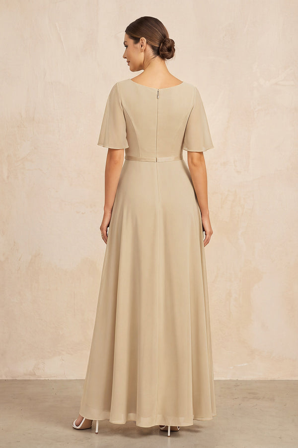 Champagne Ruched A-Line Chiffon V-Neck Mother of the Bride Dress with Sleeves (2) | KISSBRIDAL