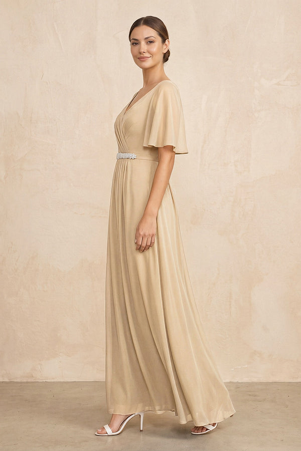Champagne Ruched A-Line Chiffon V-Neck Mother of the Bride Dress with Sleeves (3) | KISSBRIDAL
