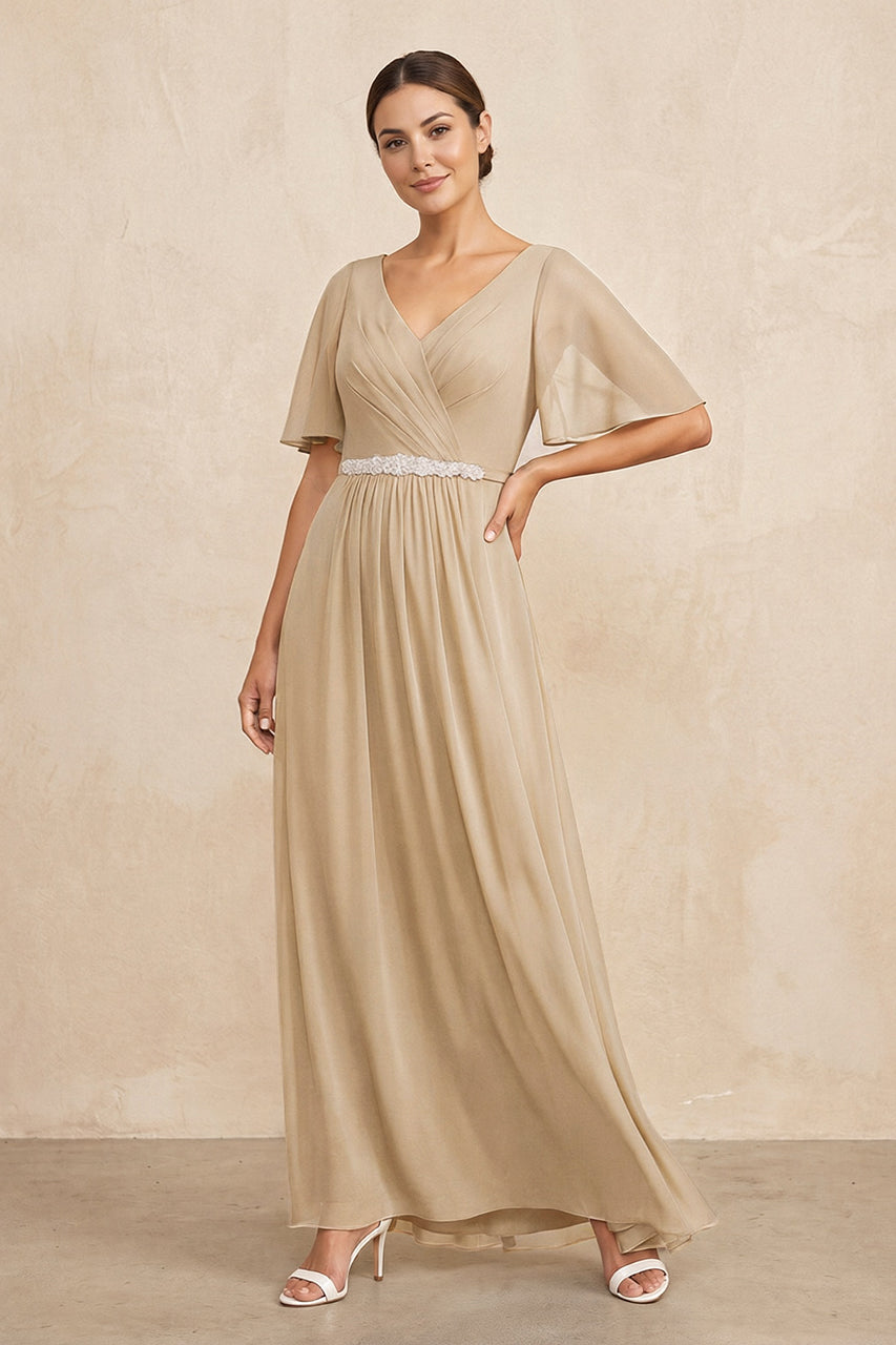 Champagne Ruched A-Line Chiffon V-Neck Mother of the Bride Dress with Sleeves