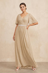 Champagne Ruched A-Line Chiffon V-Neck Mother of the Bride Dress with Sleeves | KISSBRIDAL