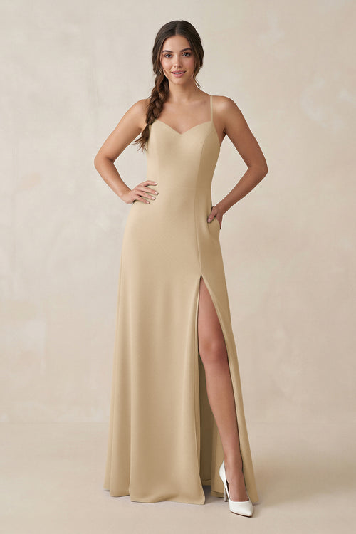 Champagne Ruched Sheath Chiffon Bridesmaid Dress | KISSBRIDAL