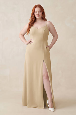 Champagne Ruched Sheath Chiffon Bridesmaid Dress | KISSBRIDAL