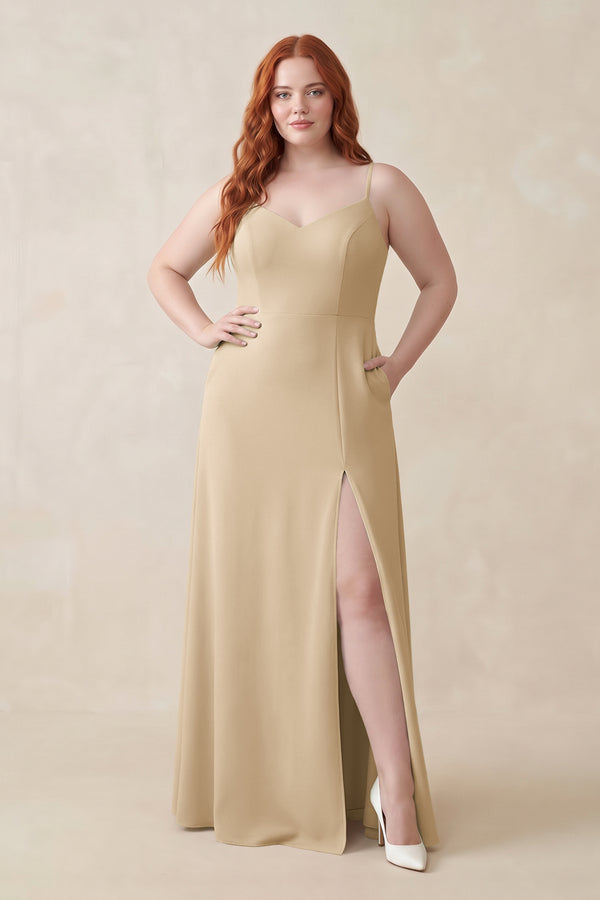 Champagne Ruched Sheath Chiffon Bridesmaid Dress | KISSBRIDAL