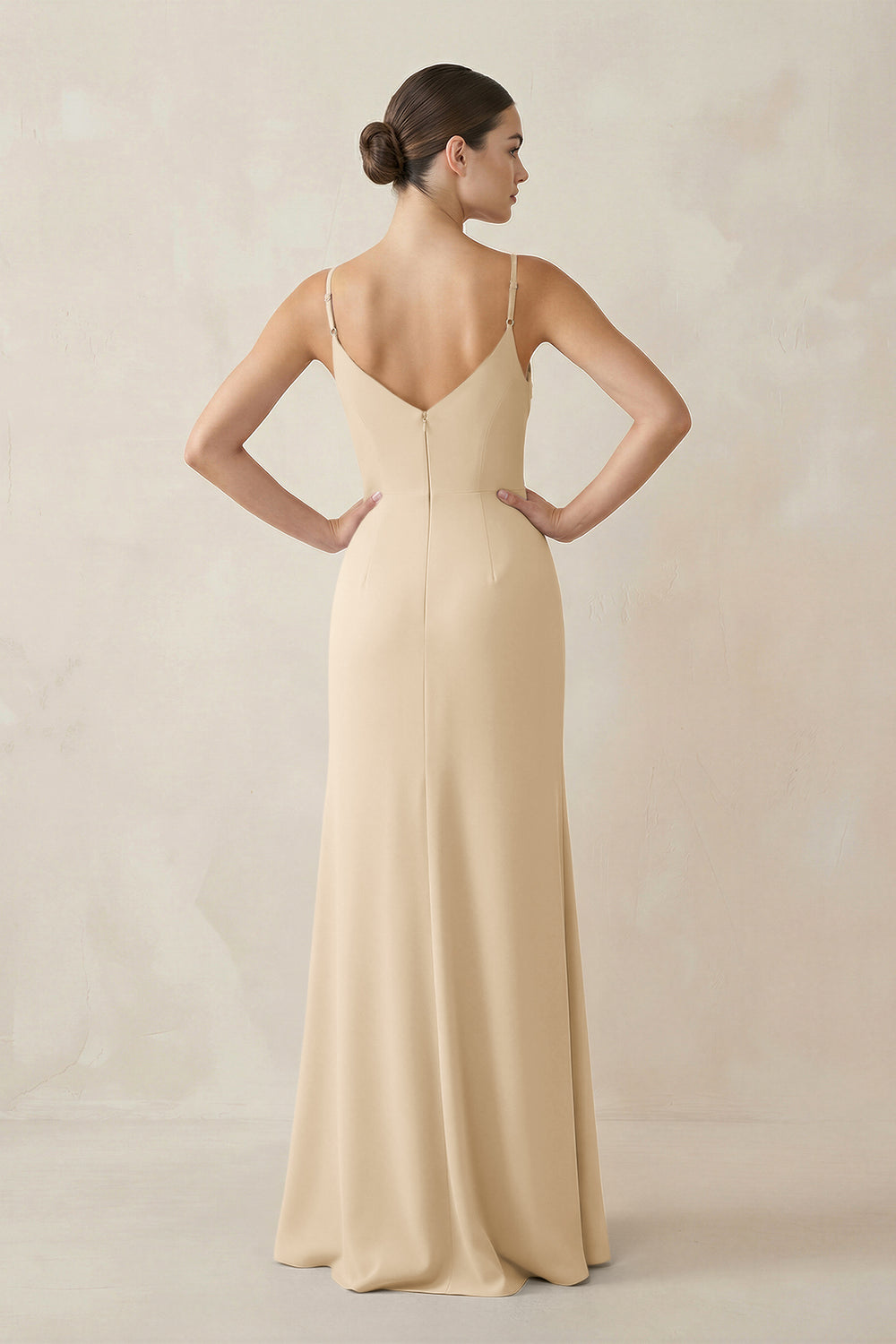 Ruched Sheath Spaghetti Strap Chiffon Bridesmaid Dress in Champagne
