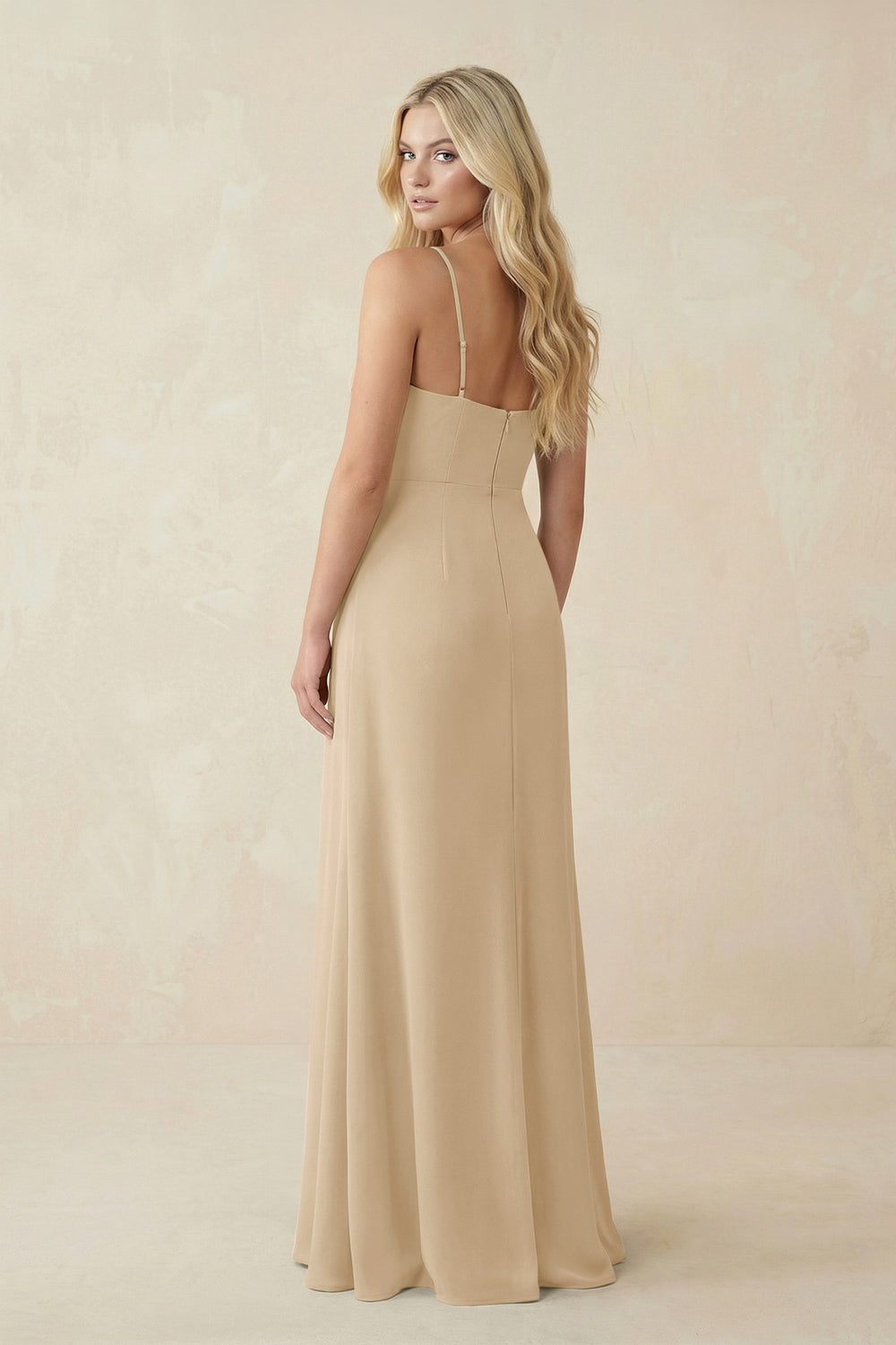 Ruched Sheath Spaghetti Strap Chiffon Bridesmaid Dress in Champagne