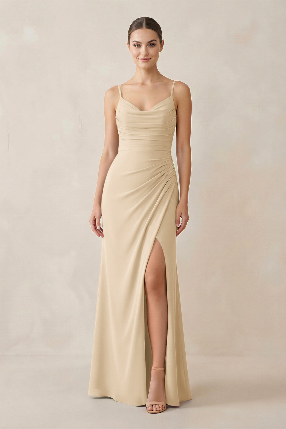 Ruched Sheath Spaghetti Strap Chiffon Bridesmaid Dress in Champagne