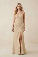 Champagne Ruched Sheath Spaghetti Strap Chiffon Bridesmaid Dress | KISSBRIDAL