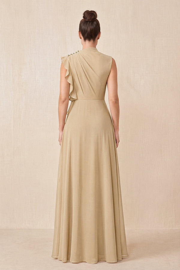 Champagne Ruffled A-Line Chiffon Mother of the Bride Dress (2) | KISSBRIDAL