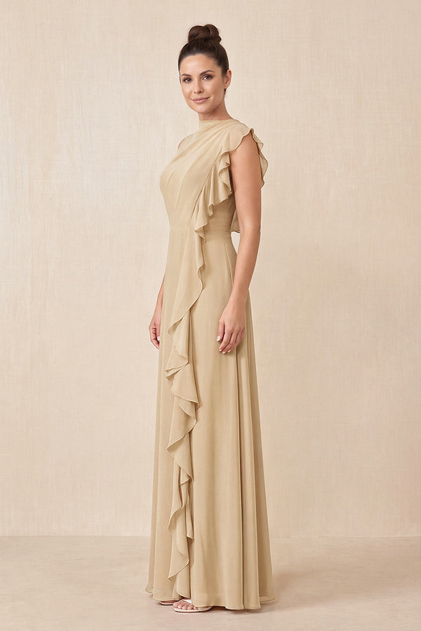Champagne Ruffled A-Line Chiffon Mother of the Bride Dress (3) | KISSBRIDAL
