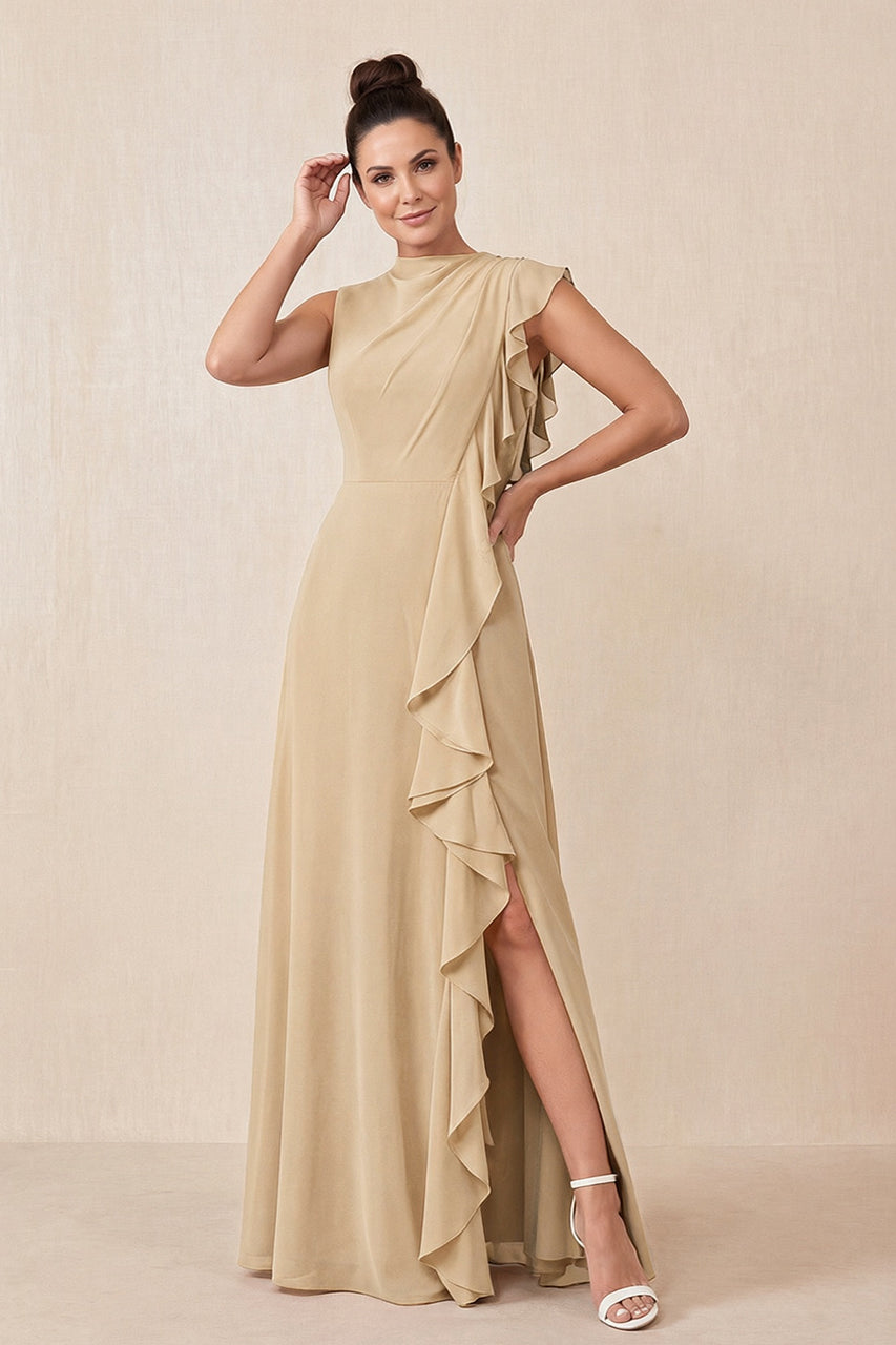 Champagne Ruffled A-Line Chiffon Mother of the Bride Dress