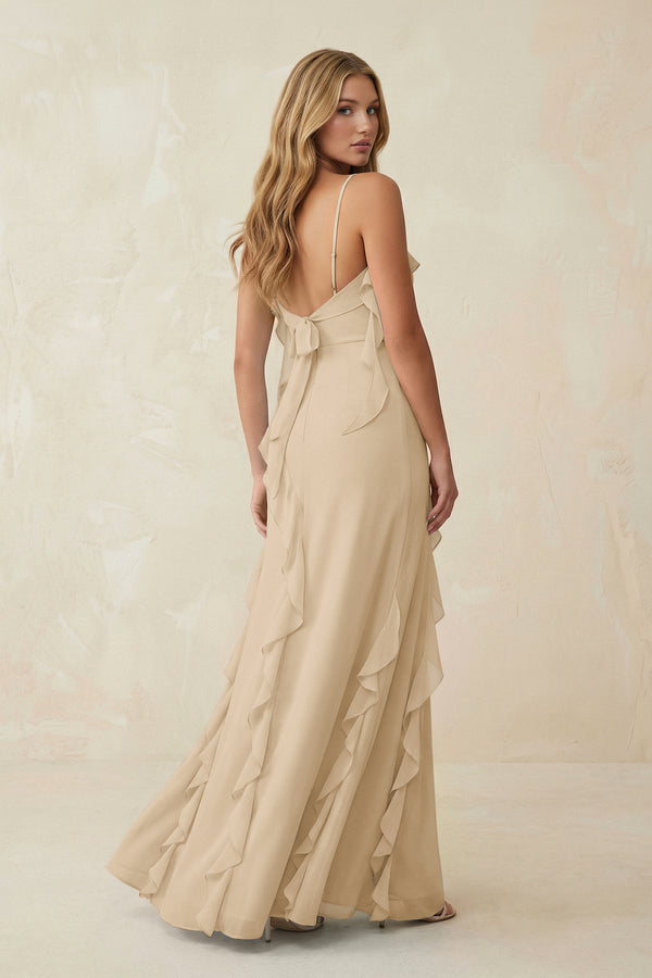 Champagne Ruffled Cami Strap Chiffon Sheath Bridesmaid Dress (2) | KISSBRIDAL