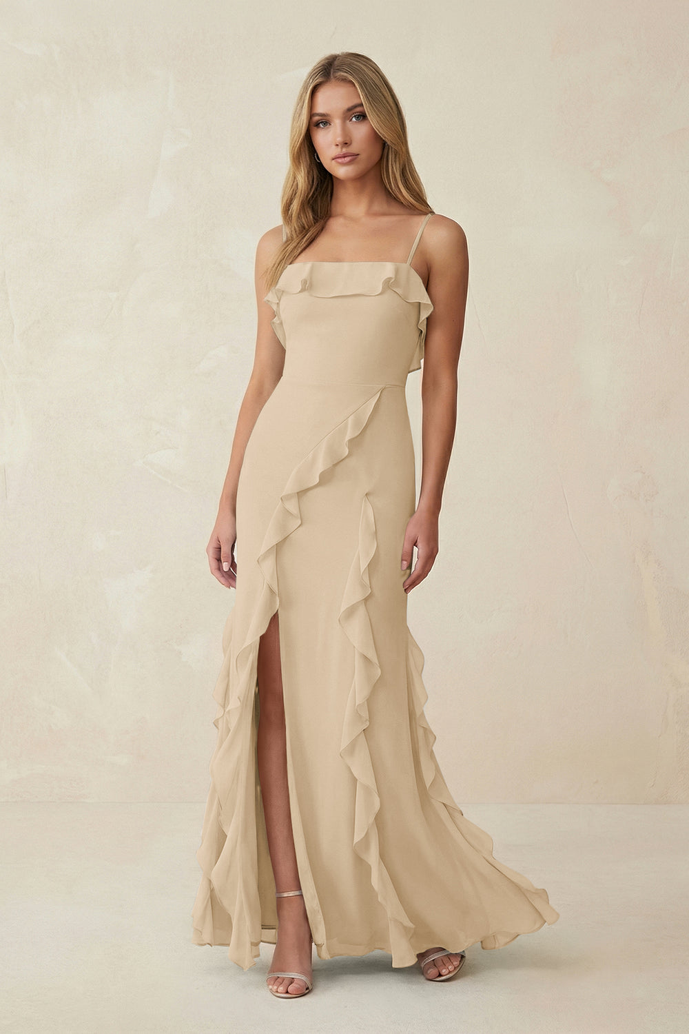 Ruffled Cami Strap Chiffon Sheath Bridesmaid Dress in Champagne
