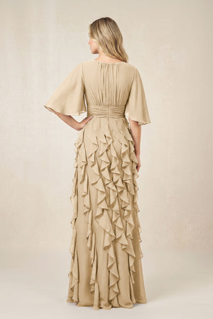 Champagne Ruffled Chiffon Half Sleeves A-Line Mother of the Bride Dress (2) | KISSBRIDAL