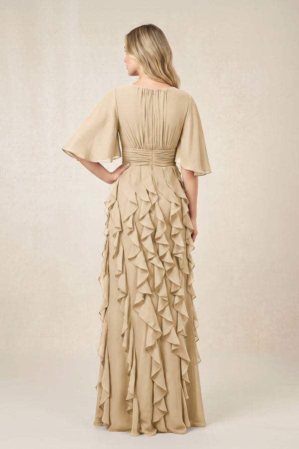 Champagne Ruffled Chiffon Half Sleeves A-Line Mother of the Bride Dress (2) | KISSBRIDAL