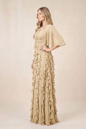Champagne Ruffled Chiffon Half Sleeves A-Line Mother of the Bride Dress (3) | KISSBRIDAL