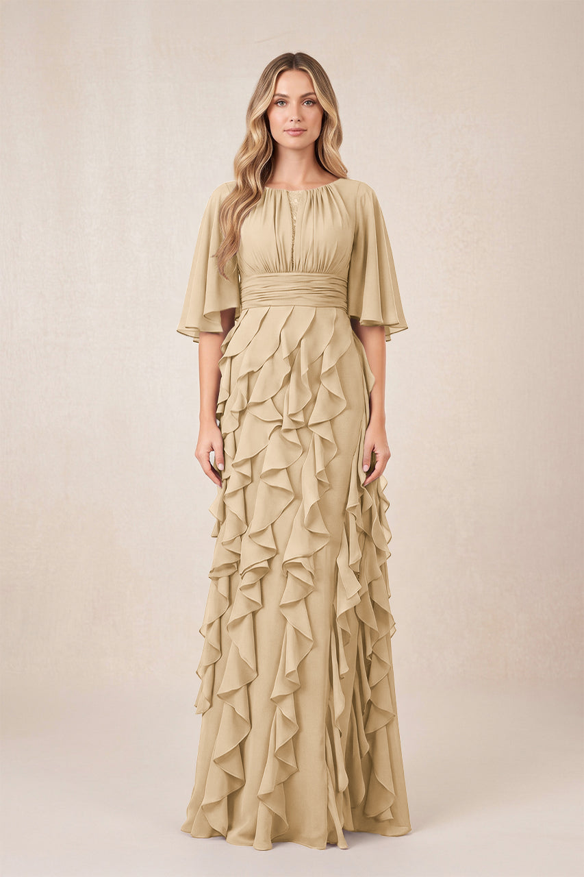 Champagne Ruffled Chiffon Half Sleeves A-Line Mother of the Bride Dress