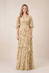 Champagne Ruffled Chiffon Half Sleeves A-Line Mother of the Bride Dress | KISSBRIDAL