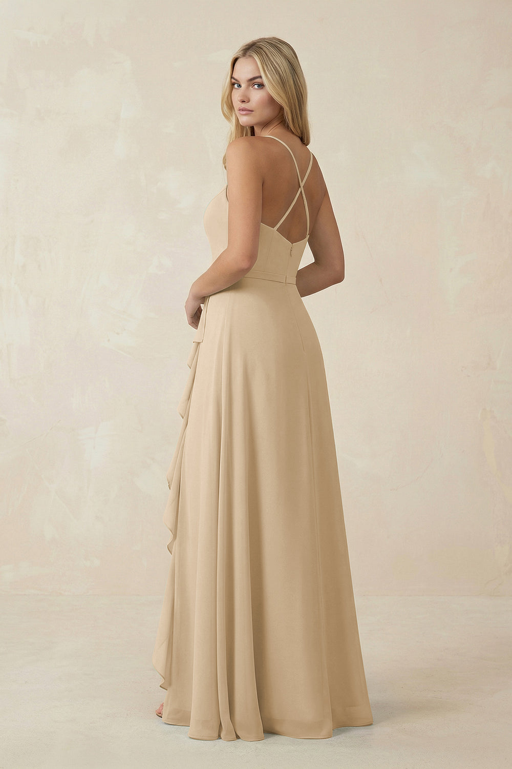 Ruffled Hem A-Line Chiffon Bridesmaid Dress in Champagne