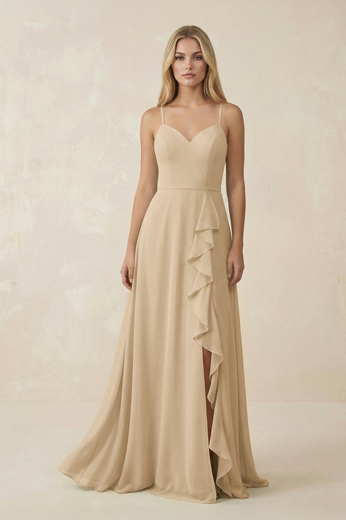 Champagne Ruffled Hem A-Line Chiffon Bridesmaid Dress | KISSBRIDAL