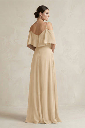 Champagne Ruffled Off-the-Shoulder A-Line Chiffon Bridesmaid Gown (2) | KISSBRIDAL