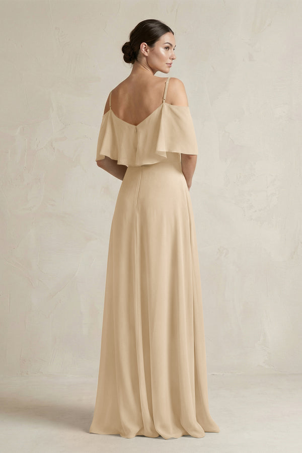 Champagne Ruffled Off-the-Shoulder A-Line Chiffon Bridesmaid Gown (2) | KISSBRIDAL