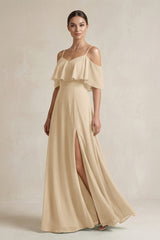 Champagne Ruffled Off-the-Shoulder A-Line Chiffon Bridesmaid Gown | KISSBRIDAL