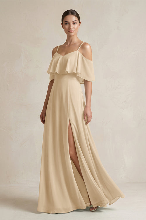Champagne Ruffled Off-the-Shoulder A-Line Chiffon Bridesmaid Gown | KISSBRIDAL