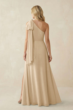 Champagne Ruffled One Shoulder Chiffon Bridesmaid Dress With Slit (2) | KISSBRIDAL