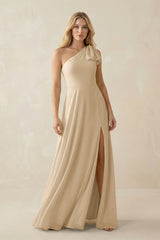 Champagne Ruffled One Shoulder Chiffon Bridesmaid Dress With Slit | KISSBRIDAL