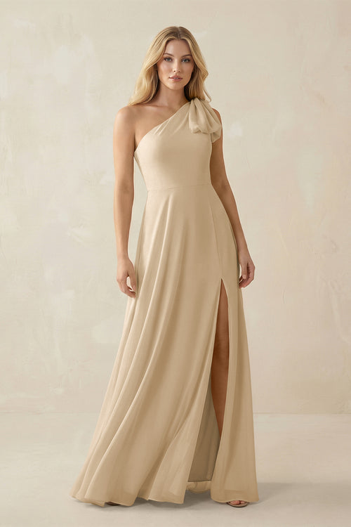 Champagne Ruffled One Shoulder Chiffon Bridesmaid Dress With Slit | KISSBRIDAL