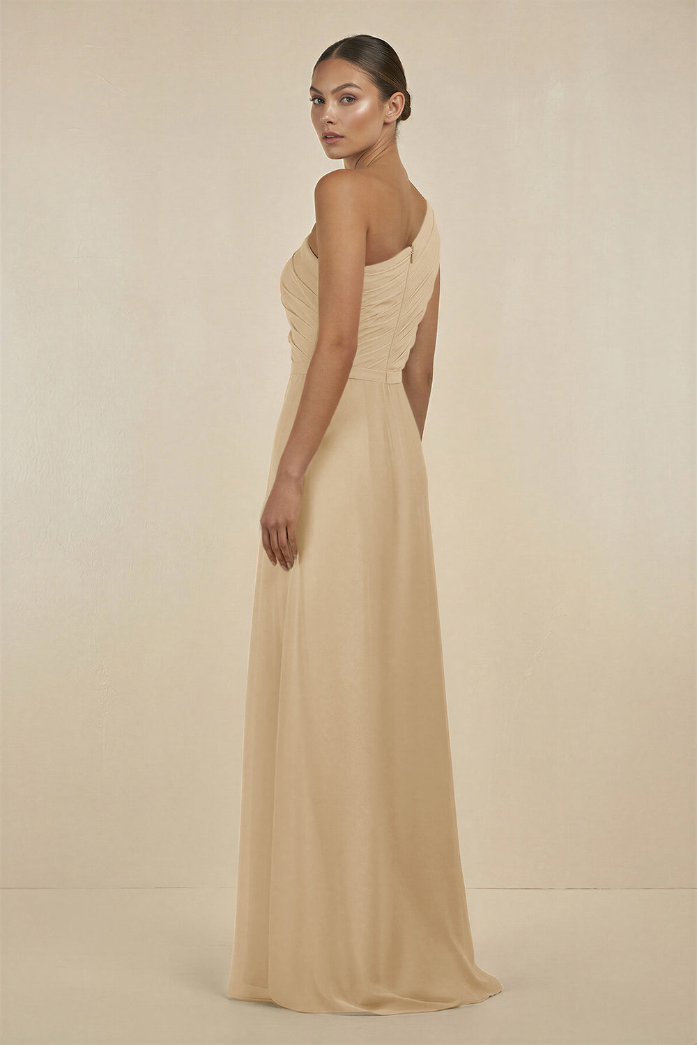 Ruffled One-Shoulder Pleated Sheath Bridesmaid Dress in Champagne