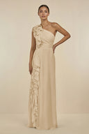 Champagne Ruffled One-Shoulder Pleated Sheath Bridesmaid Dress | KISSBRIDAL