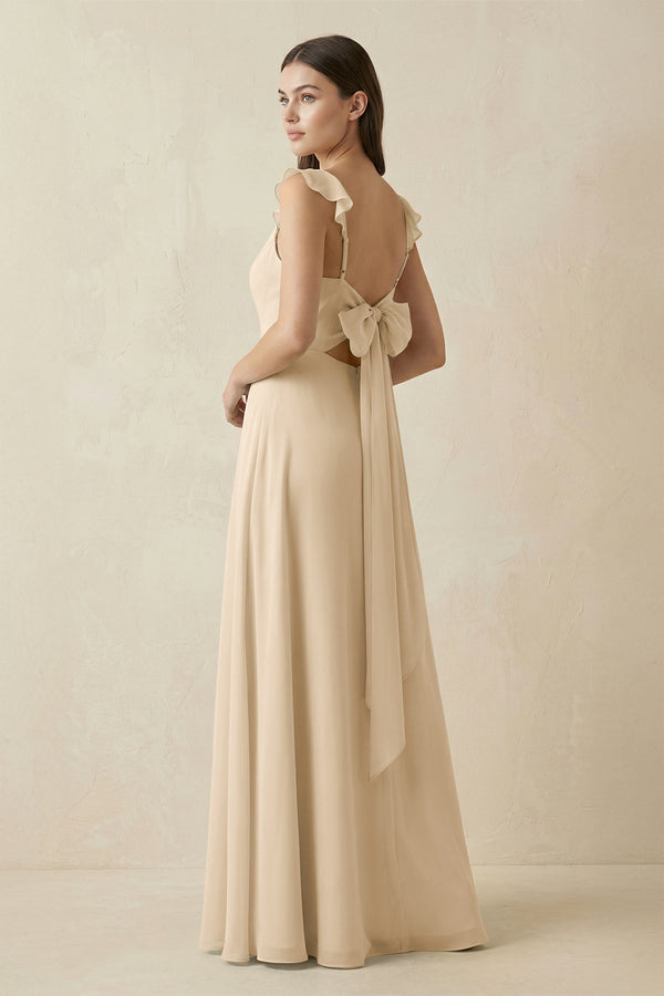 Champagne Ruffled Sleeve A-Line Chiffon Bridesmaid Dress (2) | KISSBRIDAL