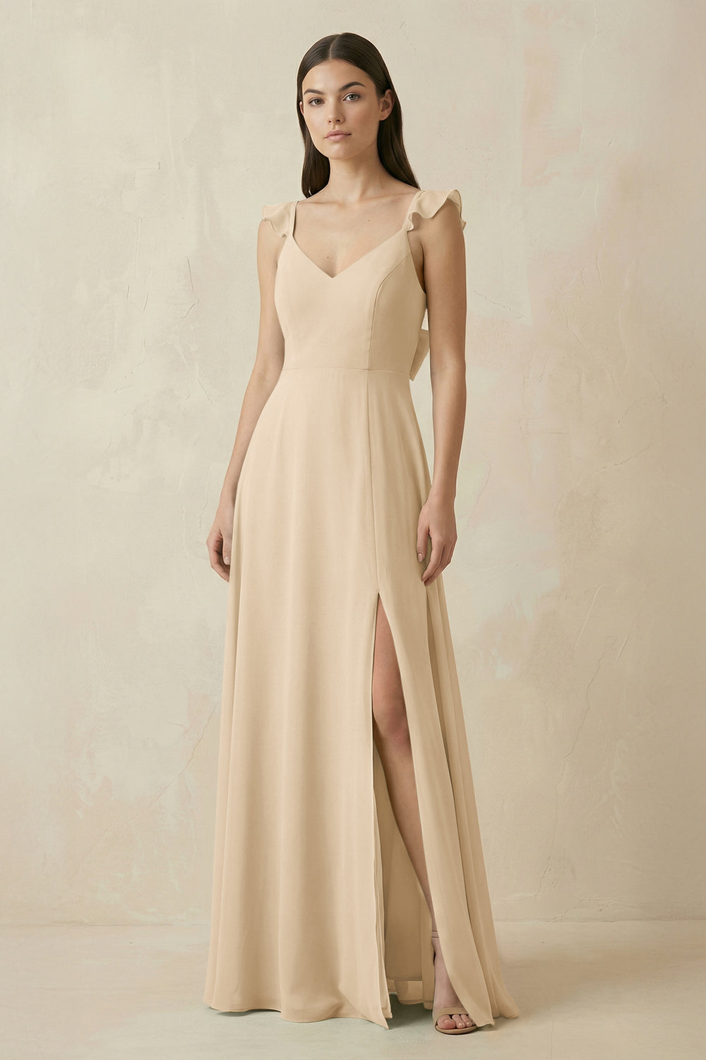 Ruffled Sleeve A-Line Chiffon Bridesmaid Dress in Champagne