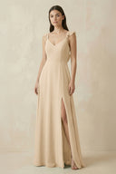 Champagne Ruffled Sleeve A-Line Chiffon Bridesmaid Dress | KISSBRIDAL