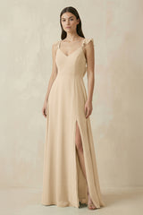 Champagne Ruffled Sleeve A-Line Chiffon Bridesmaid Dress | KISSBRIDAL