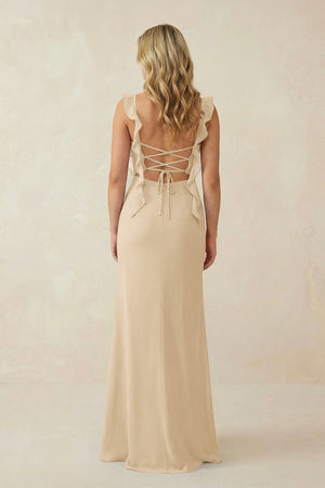 Champagne Ruffled Sleeve Ruched Sheath Chiffon Bridesmaid Dress (2) | KISSBRIDAL