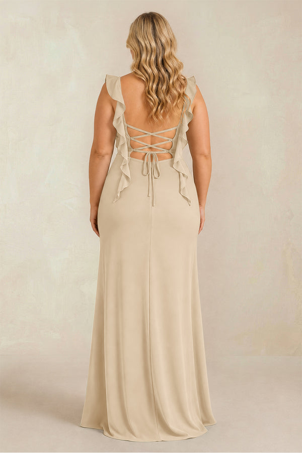 Champagne Ruffled Sleeve Ruched Sheath Chiffon Bridesmaid Dress (2) [sizeplus] | KISSBRIDAL