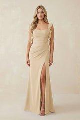 Champagne Ruffled Sleeve Ruched Sheath Chiffon Bridesmaid Dress | KISSBRIDAL