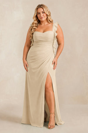 Champagne Ruffled Sleeve Ruched Sheath Chiffon Bridesmaid Dress [sizeplus] | KISSBRIDAL