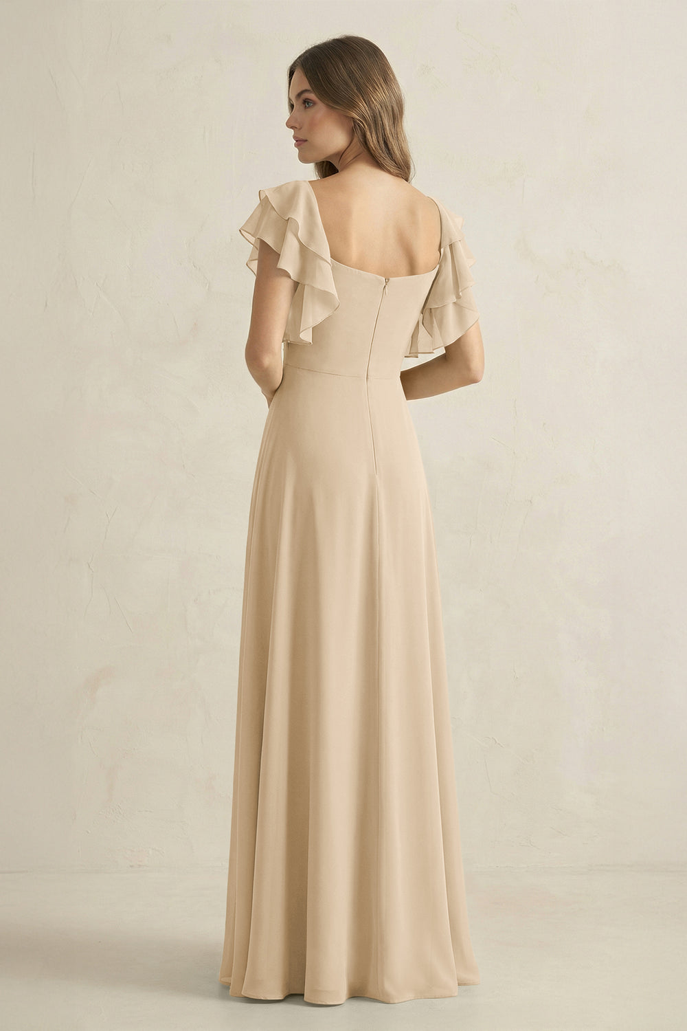 Ruffled Sleeves A-Line Chiffon Bridesmaid Dress in Champagne
