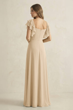 Champagne Ruffled Sleeves A-Line Chiffon Bridesmaid Dress (2) | KISSBRIDAL