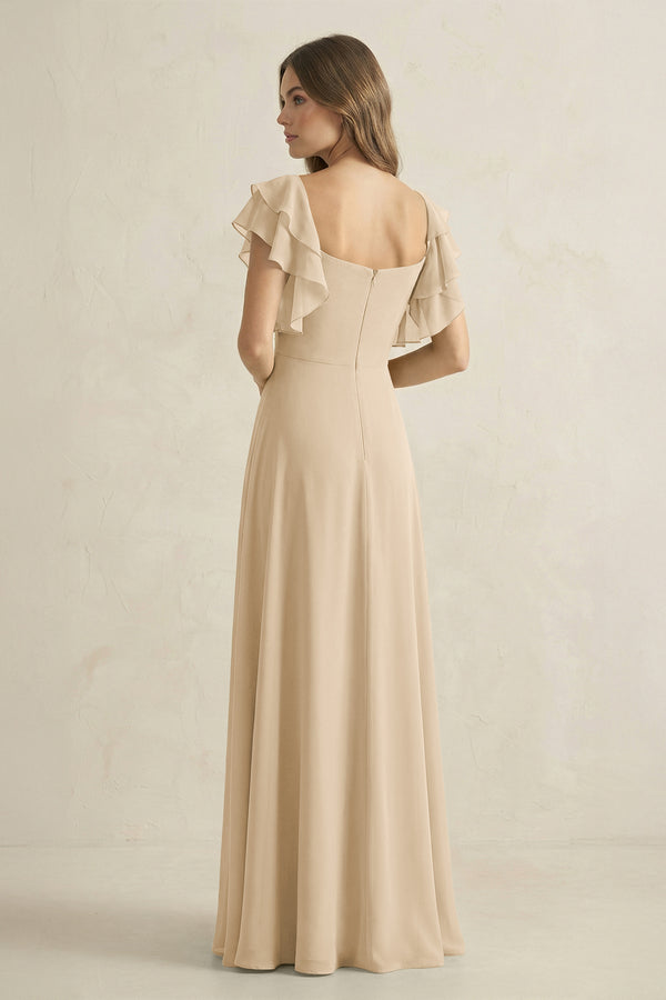 Champagne Ruffled Sleeves A-Line Chiffon Bridesmaid Dress (2) | KISSBRIDAL