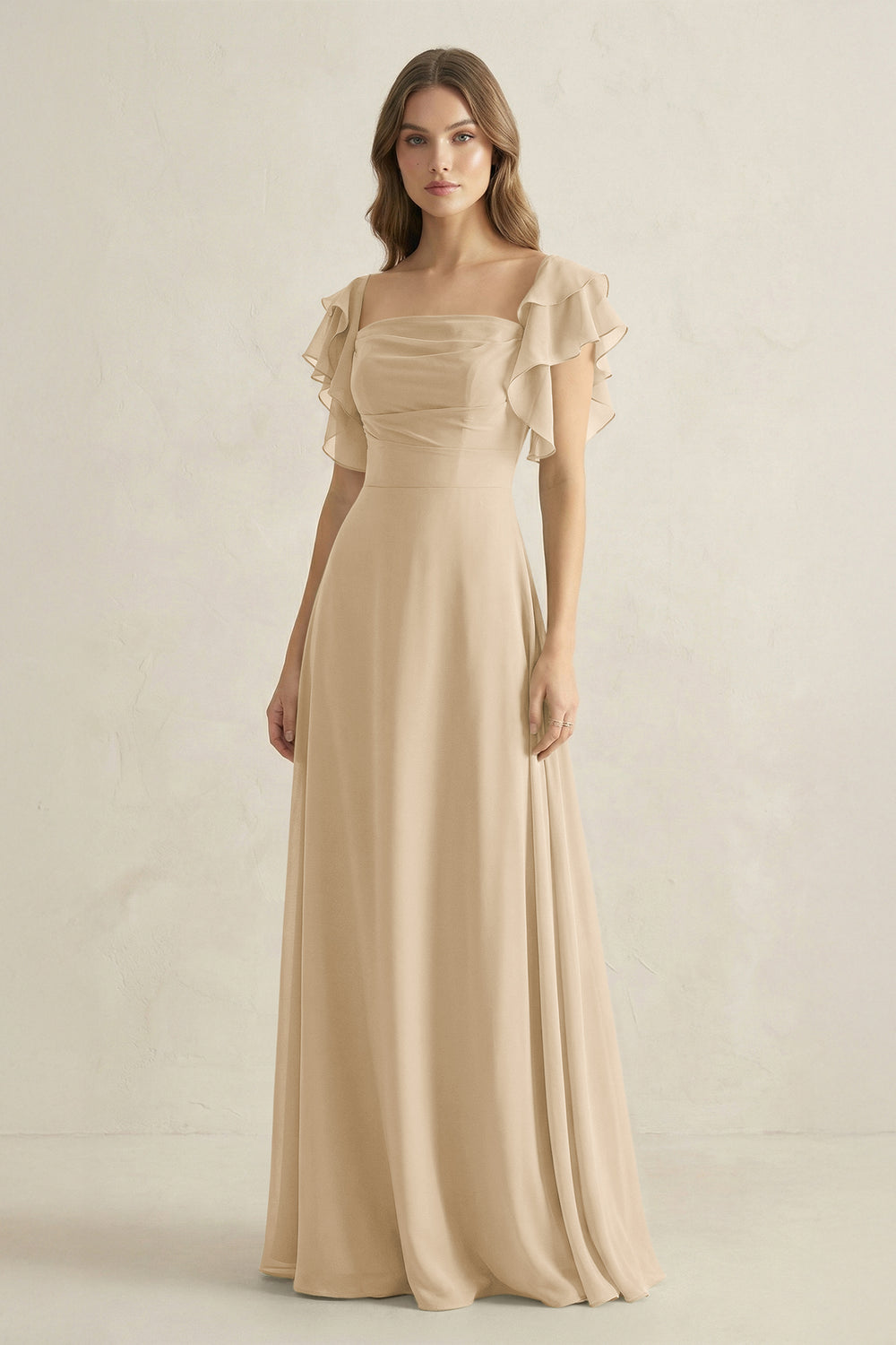 Ruffled Sleeves A-Line Chiffon Bridesmaid Dress in Champagne