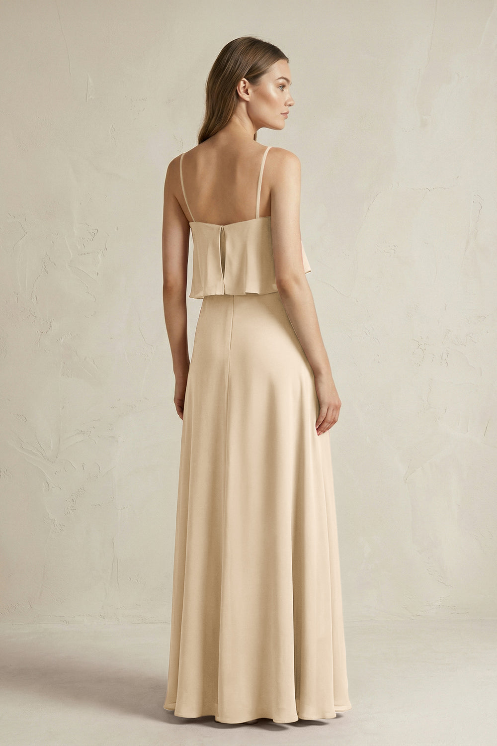Ruffled Spaghetti Strap A-Line Chiffon Bridesmaid Dress in Champagne