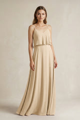 Champagne Ruffled Spaghetti Strap A-Line Chiffon Bridesmaid Dress in Champagne | KISSBRIDAL